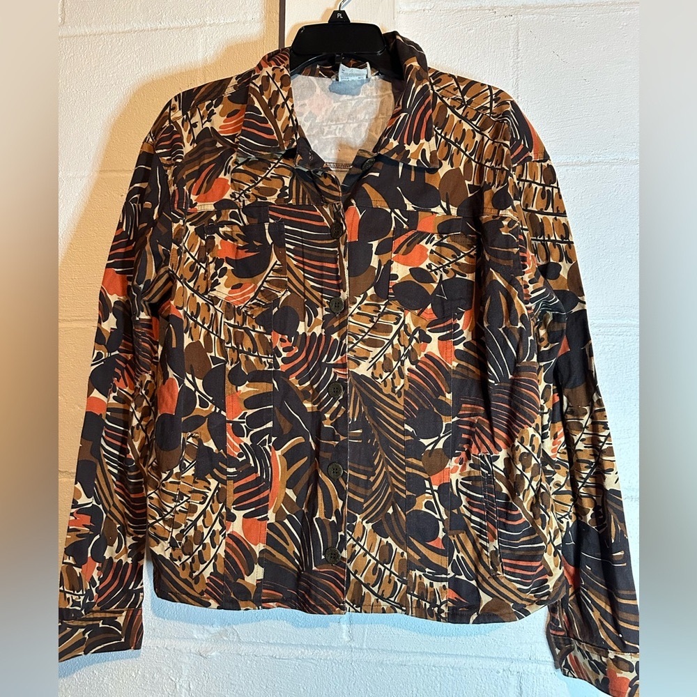 Vintage Company Collection brown, black & orange jacket/top w/pockets. Size 16